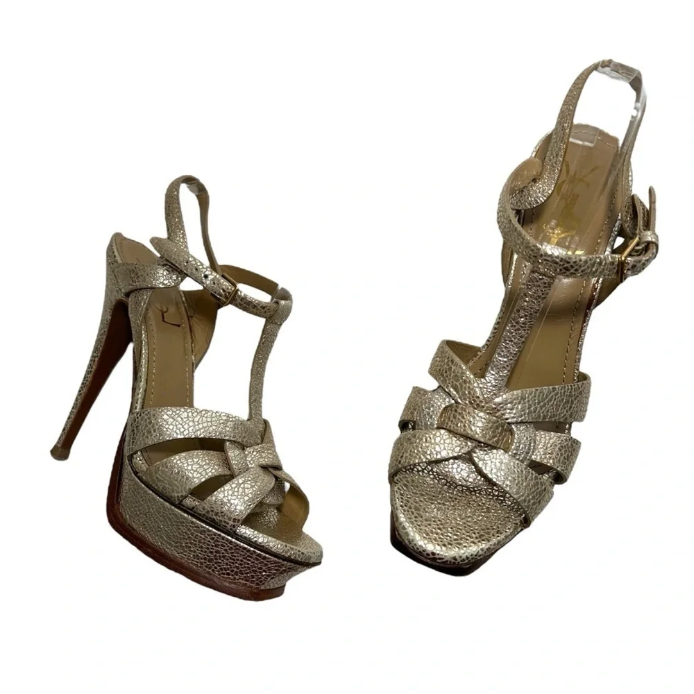 Saint Laurent Tribute High-Heel Leather Sandal in Metallic Gold size 40 | US 10